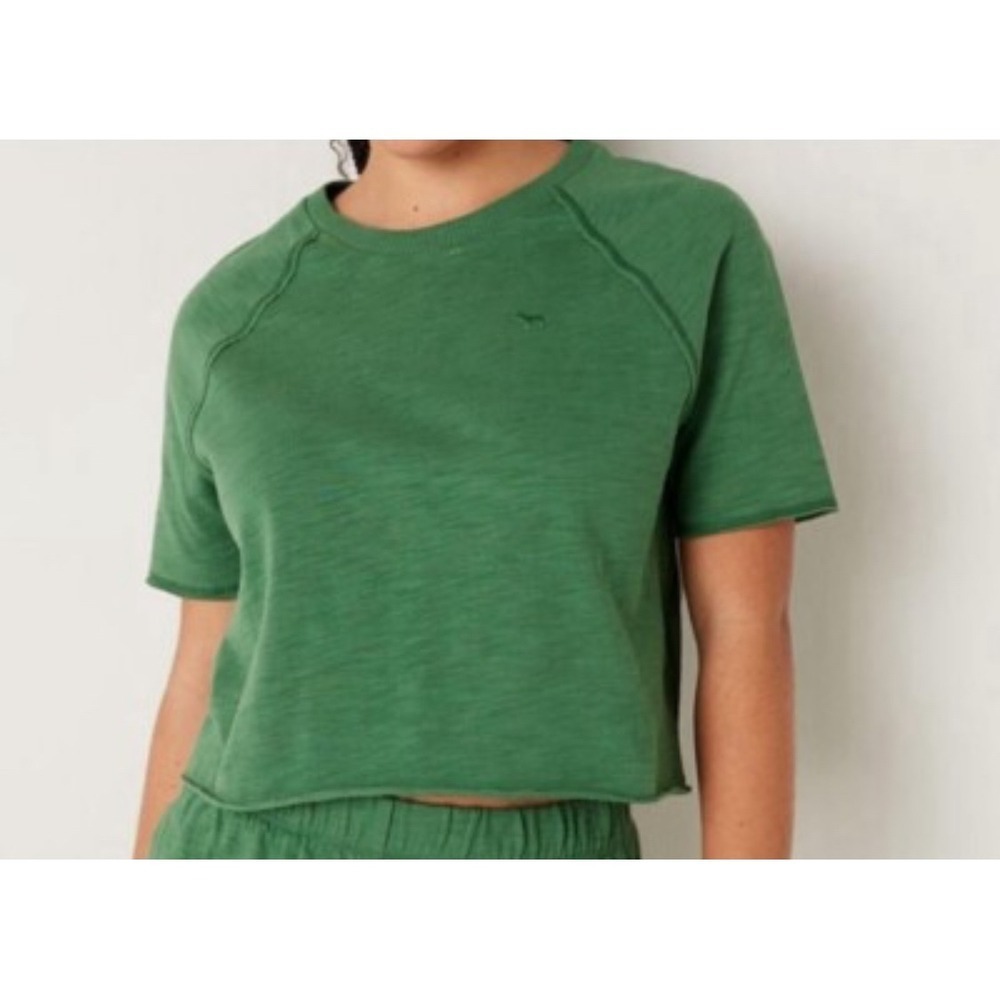 PINK Victoria's Secret Green Cropped Short Sleeve Sweatshirt Slub Cotton Small